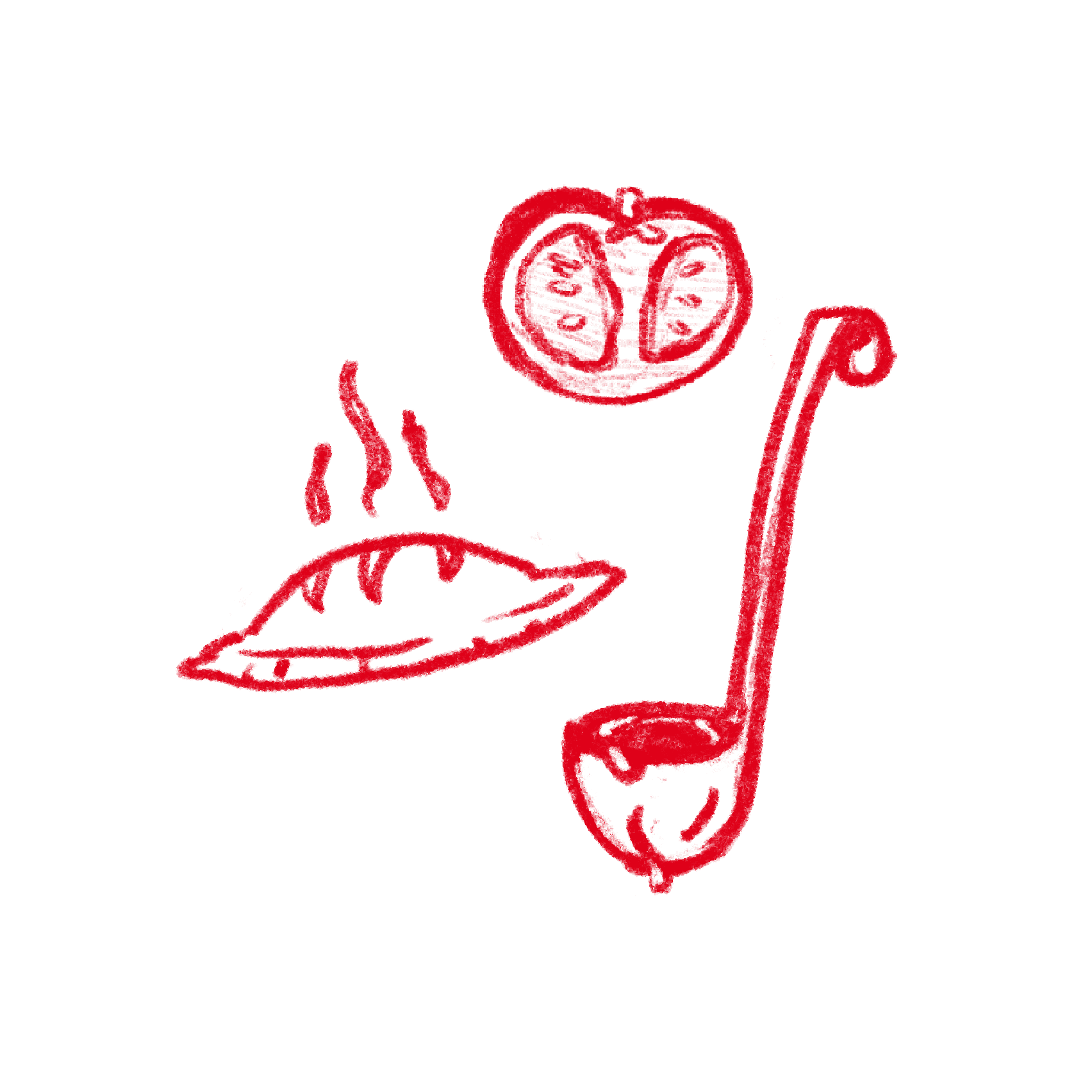 Red illustrations of a steaming pie, sliced tomato, and ladle.