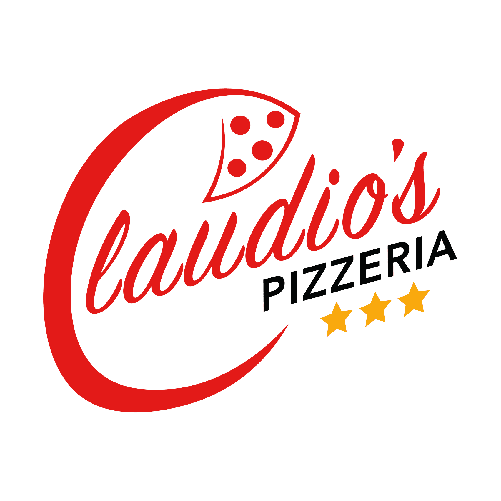 Claudio's Pizzeria logo with three golden stars and a pizza slice above the letter "C".