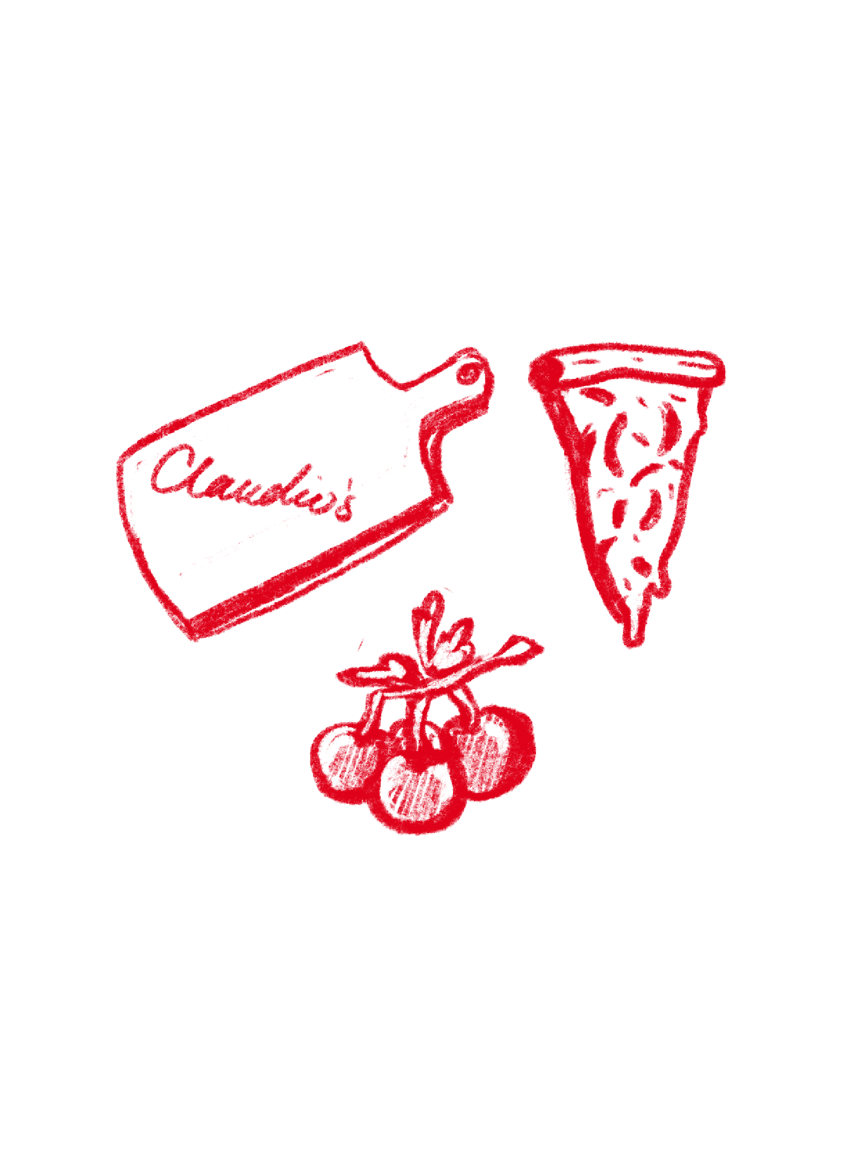 Claudio's logo featuring a pizza slice, serving board, and tomatoes in red illustration.