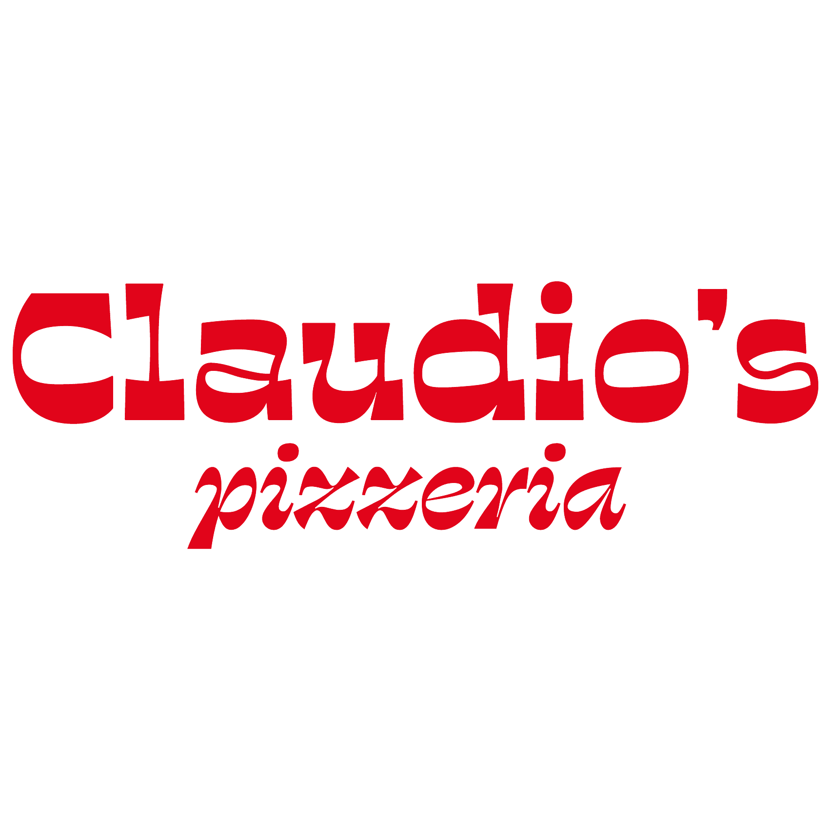 Logo of Claudio's Pizzeria with red text.