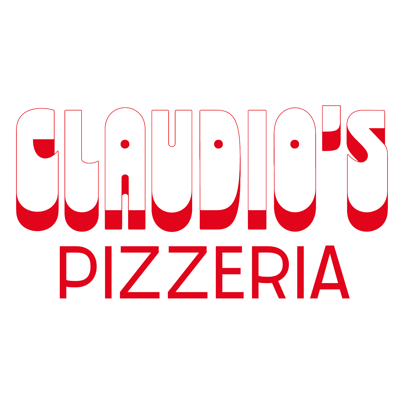 Claudio's Pizzeria logo with bold red and white text on a green background.