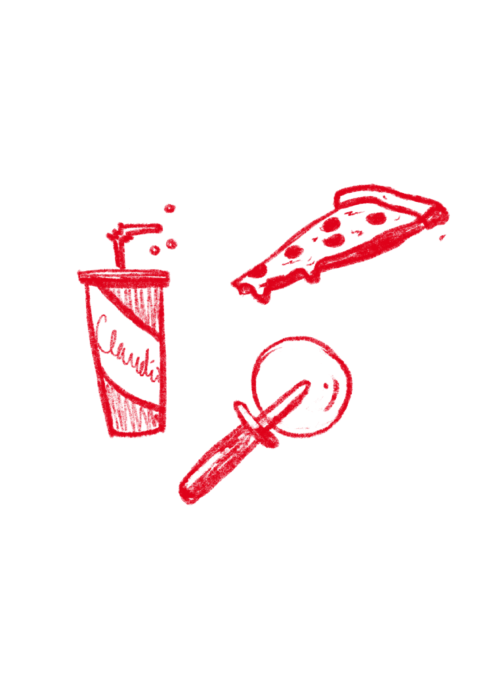 Red drawings of a soda cup, pizza slice, and magnifying glass on a black background.