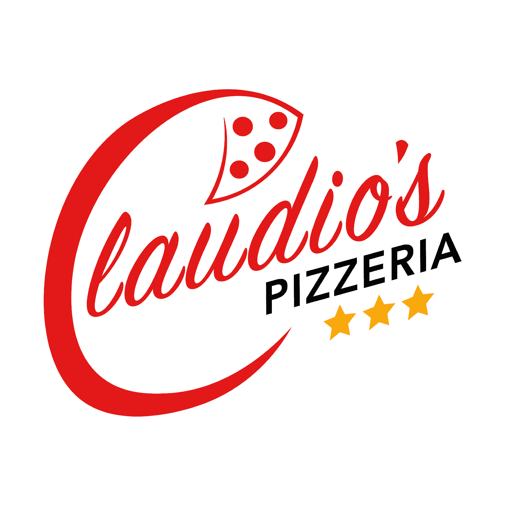 Claudio's Pizzeria logo with three golden stars and a pizza slice above the letter "C".