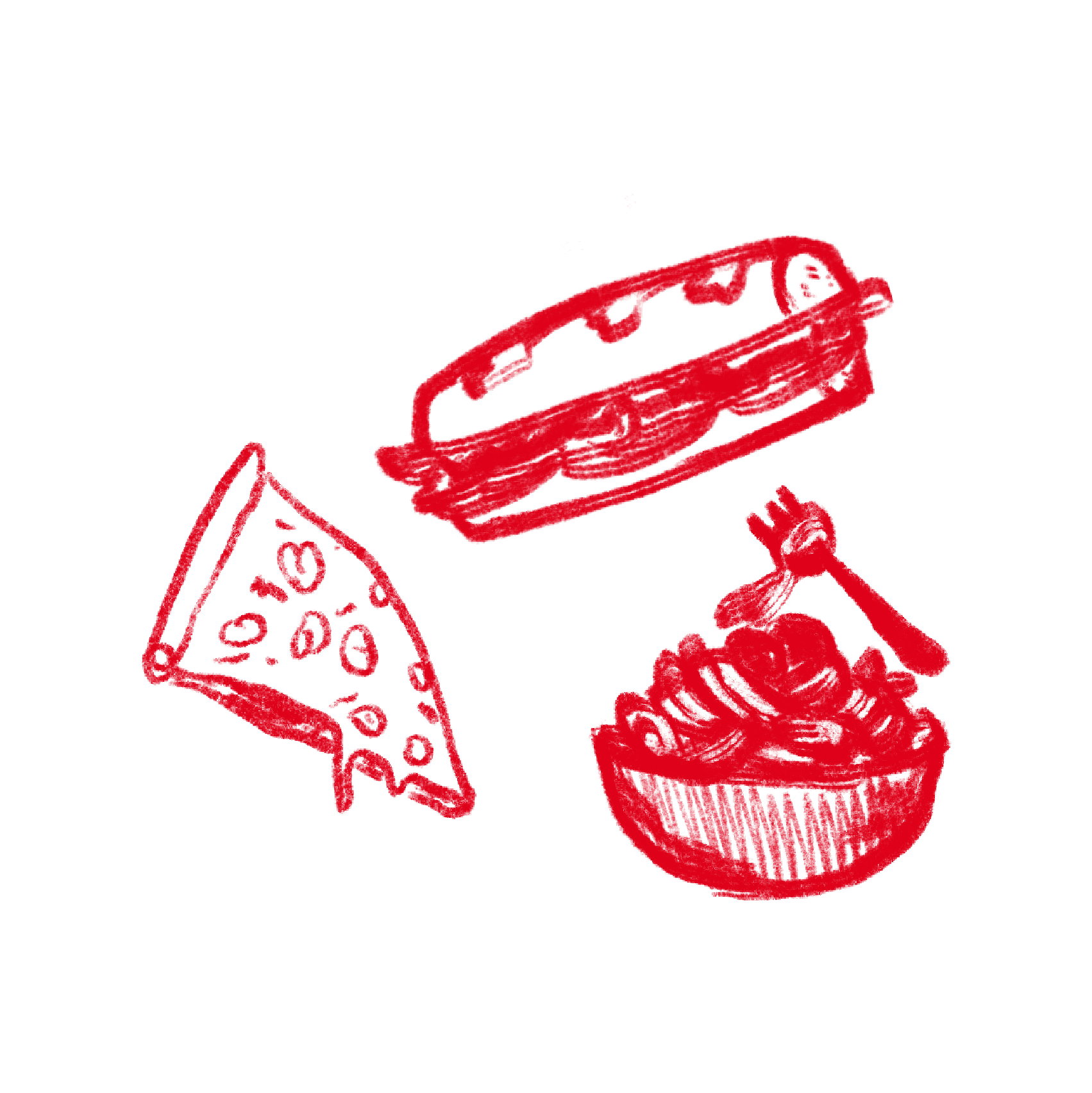 Illustration of pizza slice, sandwich, and bowl of pasta with a fork.