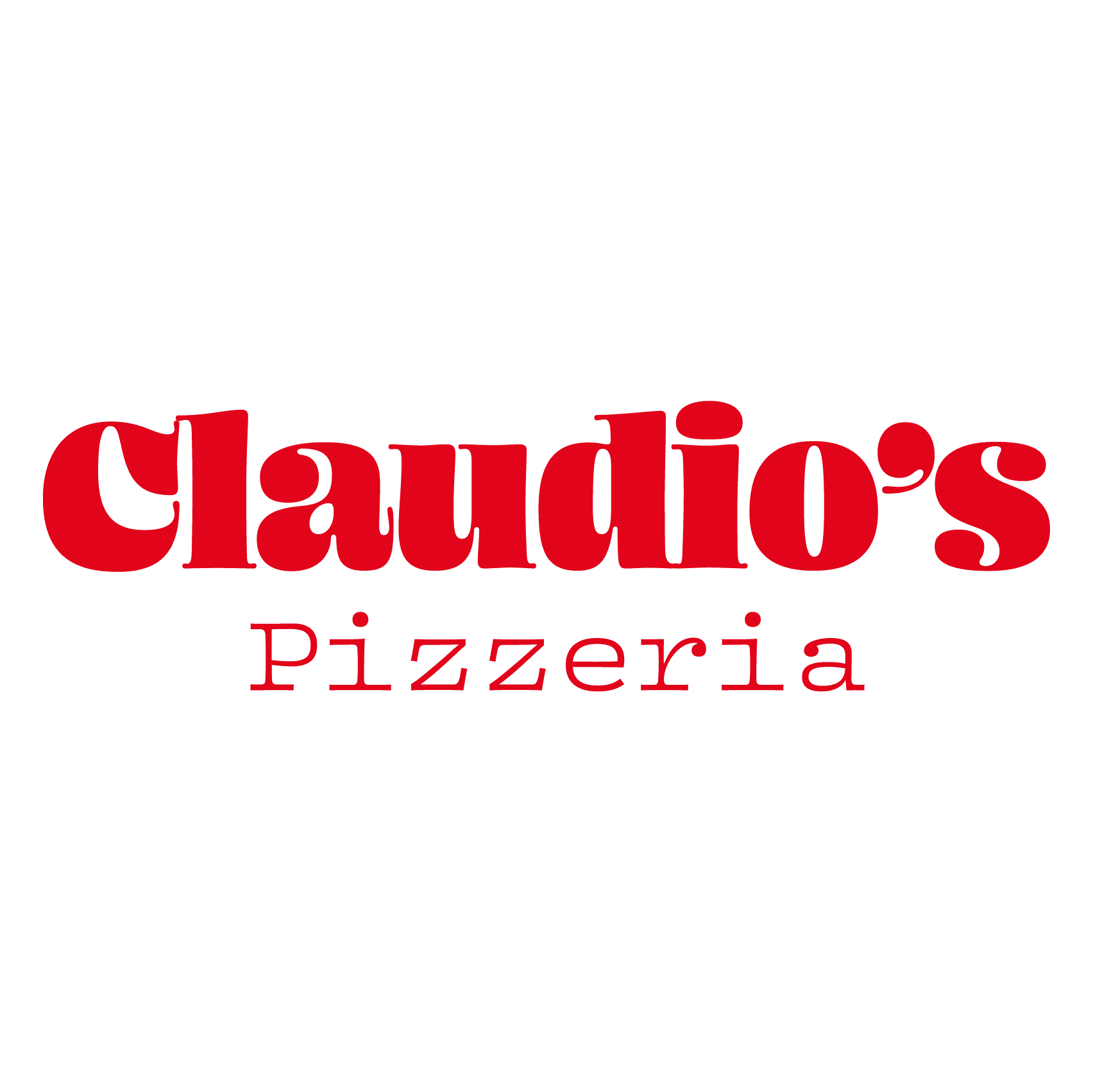 Logo of Claudio's Pizzeria with bold red text on a green background.