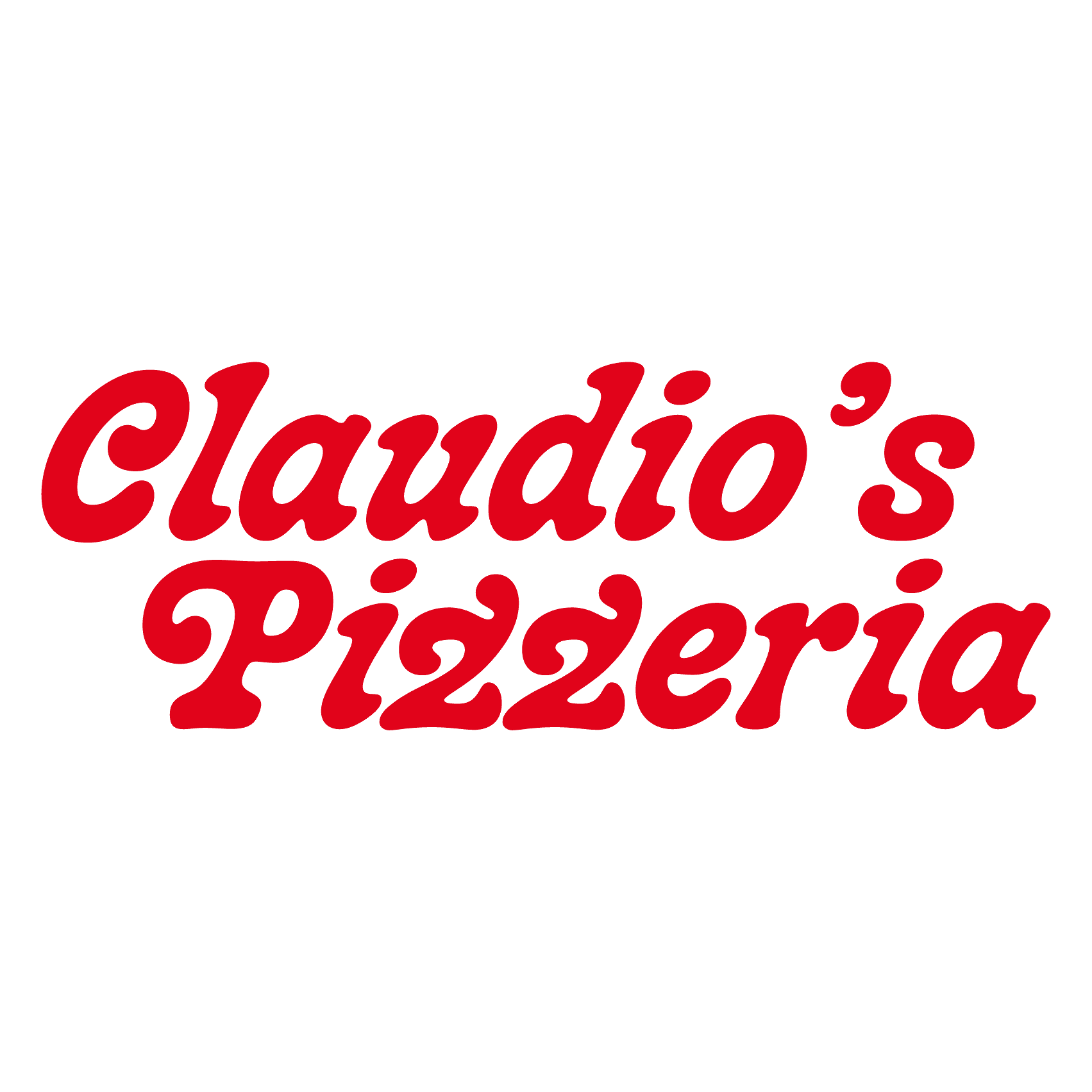 Claudio's Pizzeria logo with red text on a transparent background.