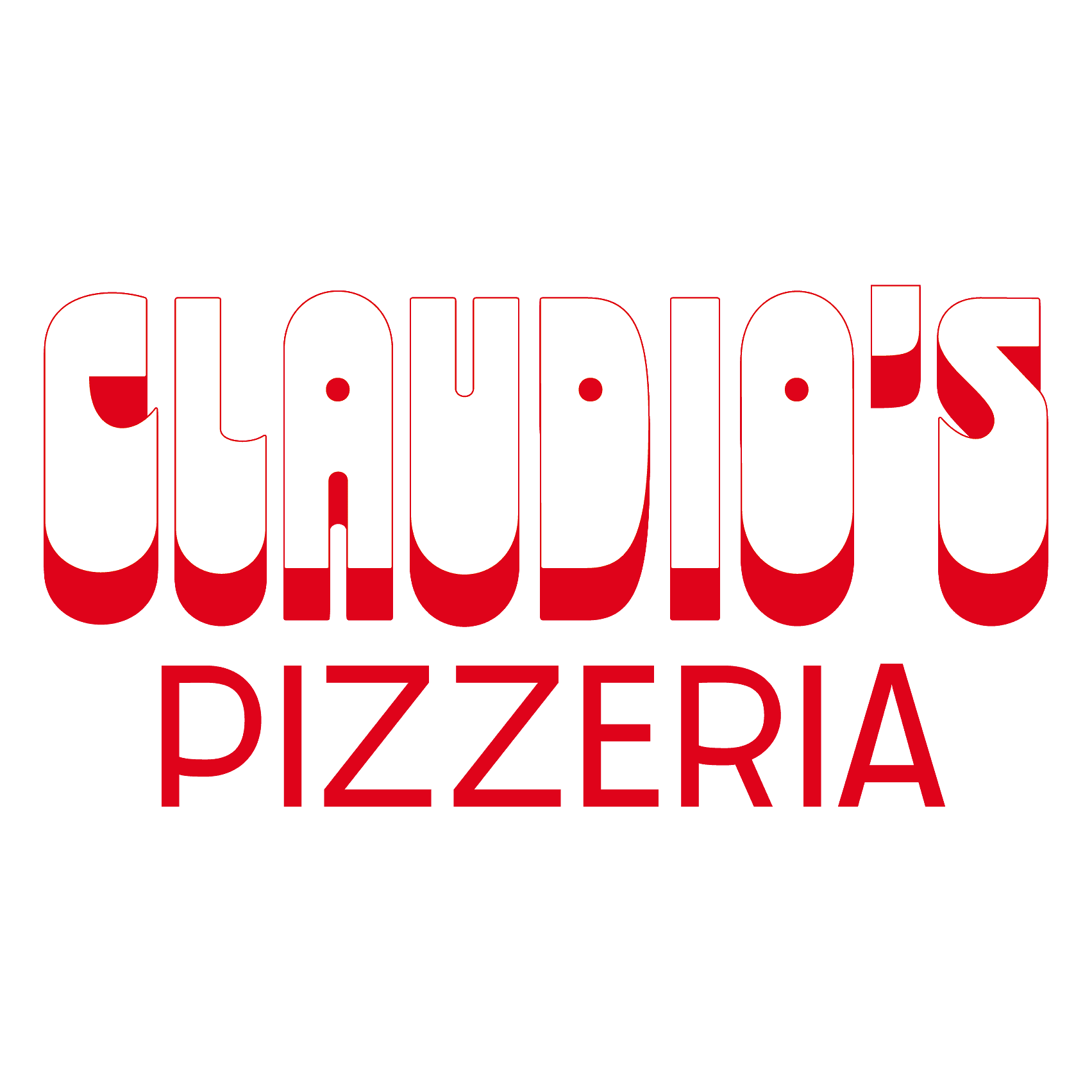Claudio's Pizzeria logo with bold red and white text on a green background.