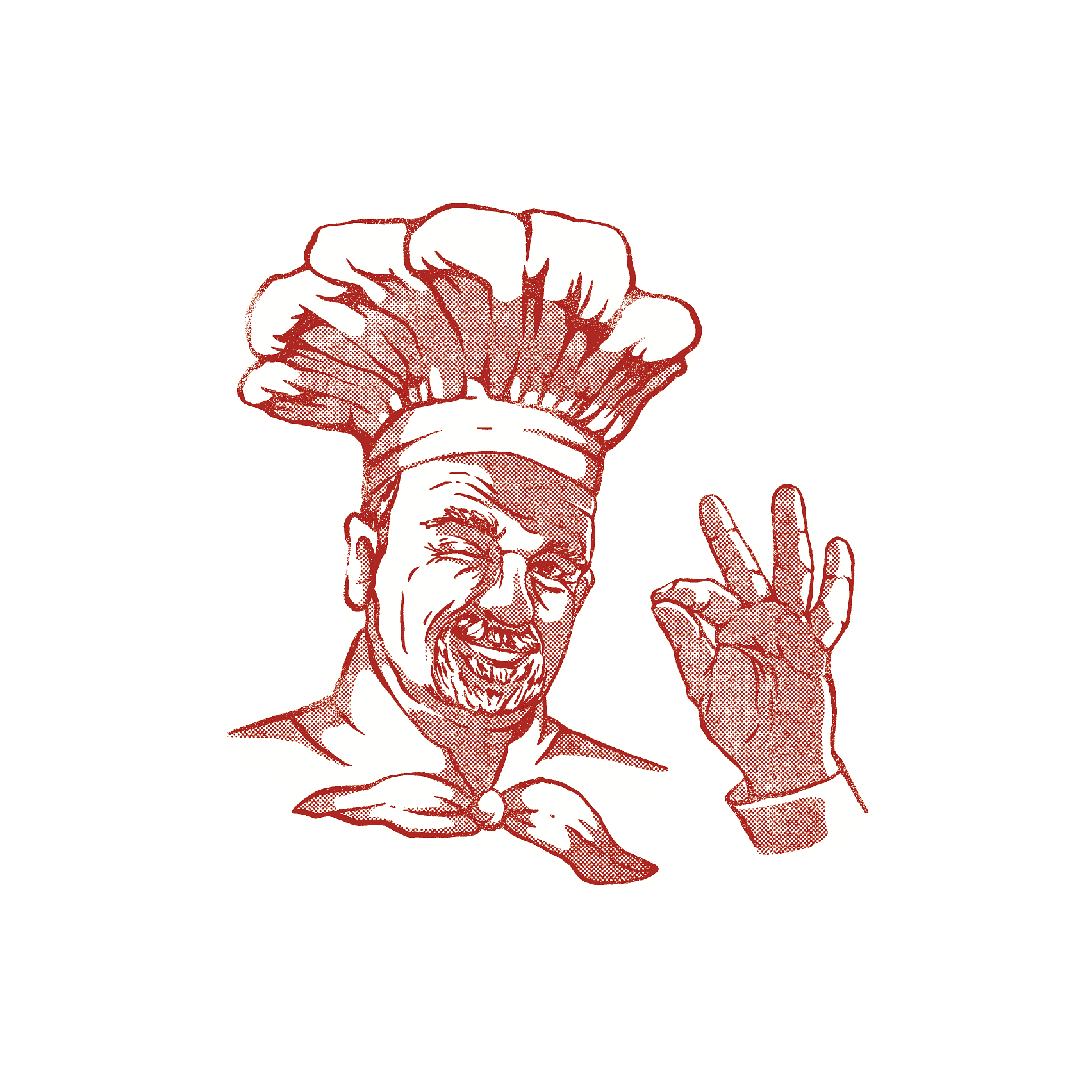 Chef gesturing "okay" with hand, smiling, and wearing a tall chef hat and neckerchief.
