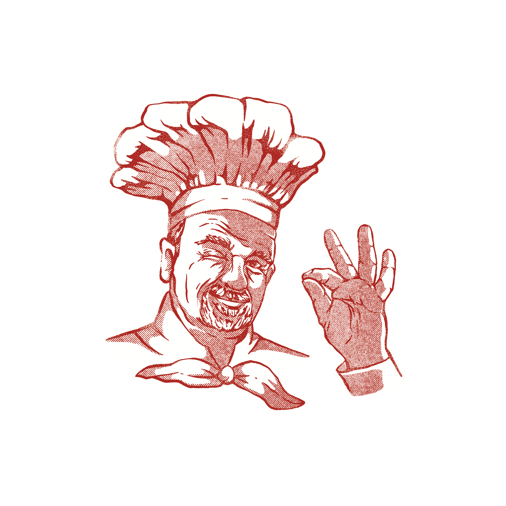 Chef gesturing "okay" with hand, smiling, and wearing a tall chef hat and neckerchief.